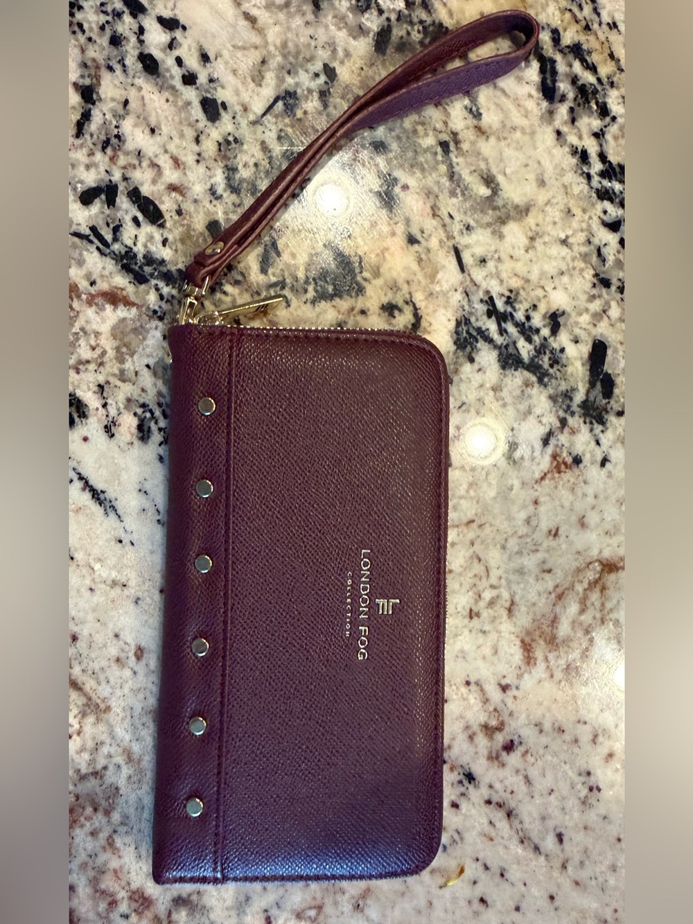 London Fog Deep Burgundy Zip Wristlet with Gold Hardware